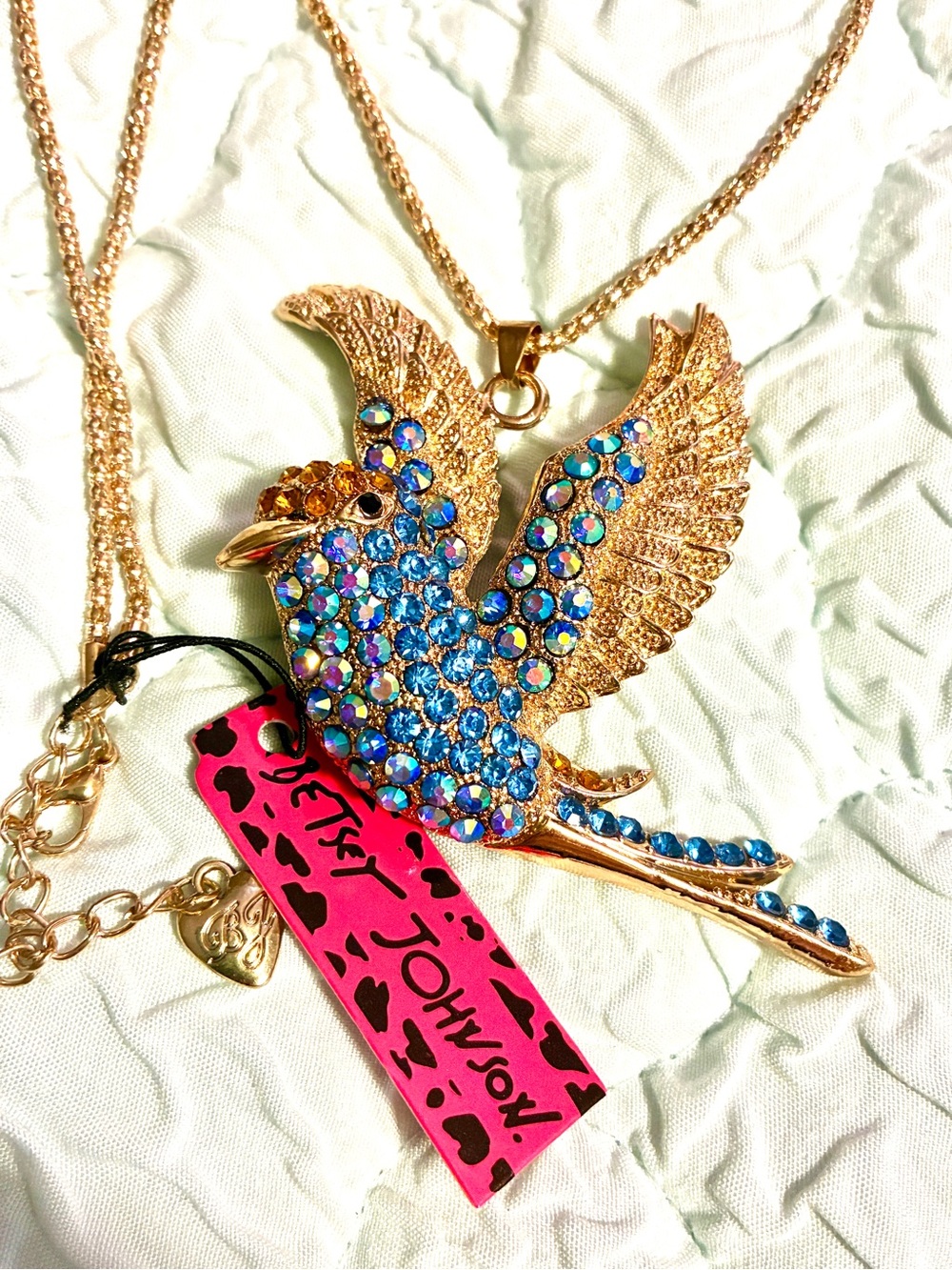 Betsey Johnson Bird Pendant with Blue Iridescent Crystals New